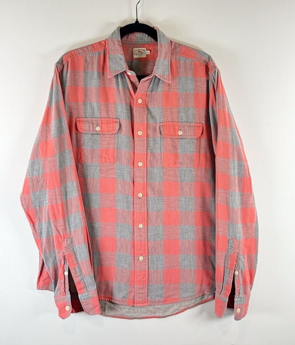 Faherty Button Up Shirt Pink Reversible Belmar Buffalo Check Long Sleeve Medium